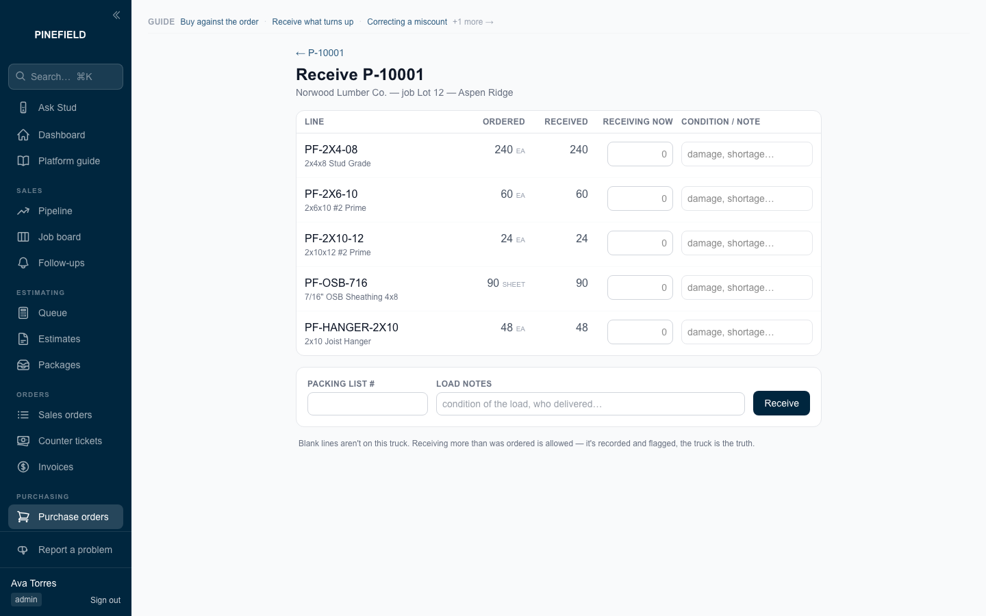 Receiving against a purchase order
